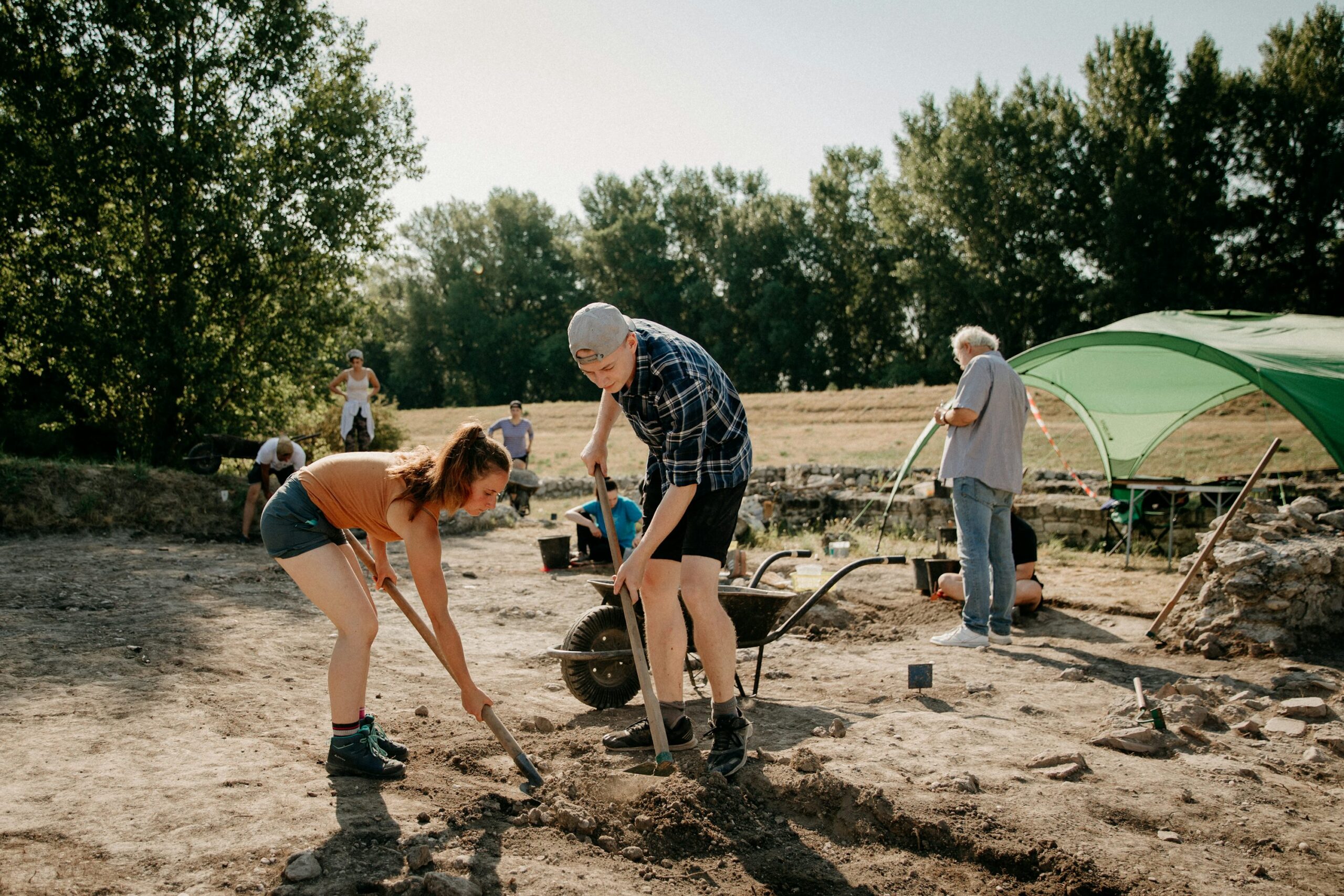 a group of people working outside